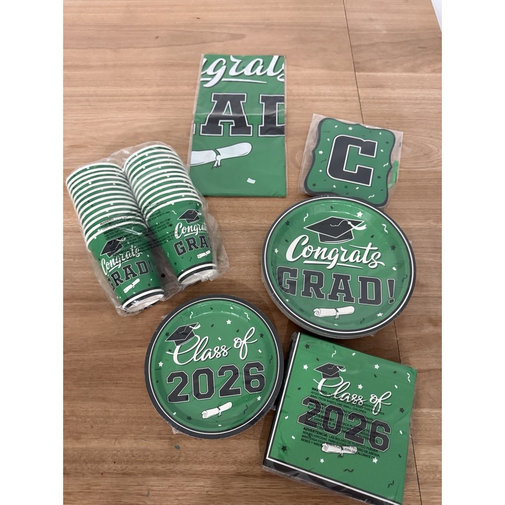 Class of 2026 Graduation Party Set 126 Pc Green Plates Cups Napkins Banner